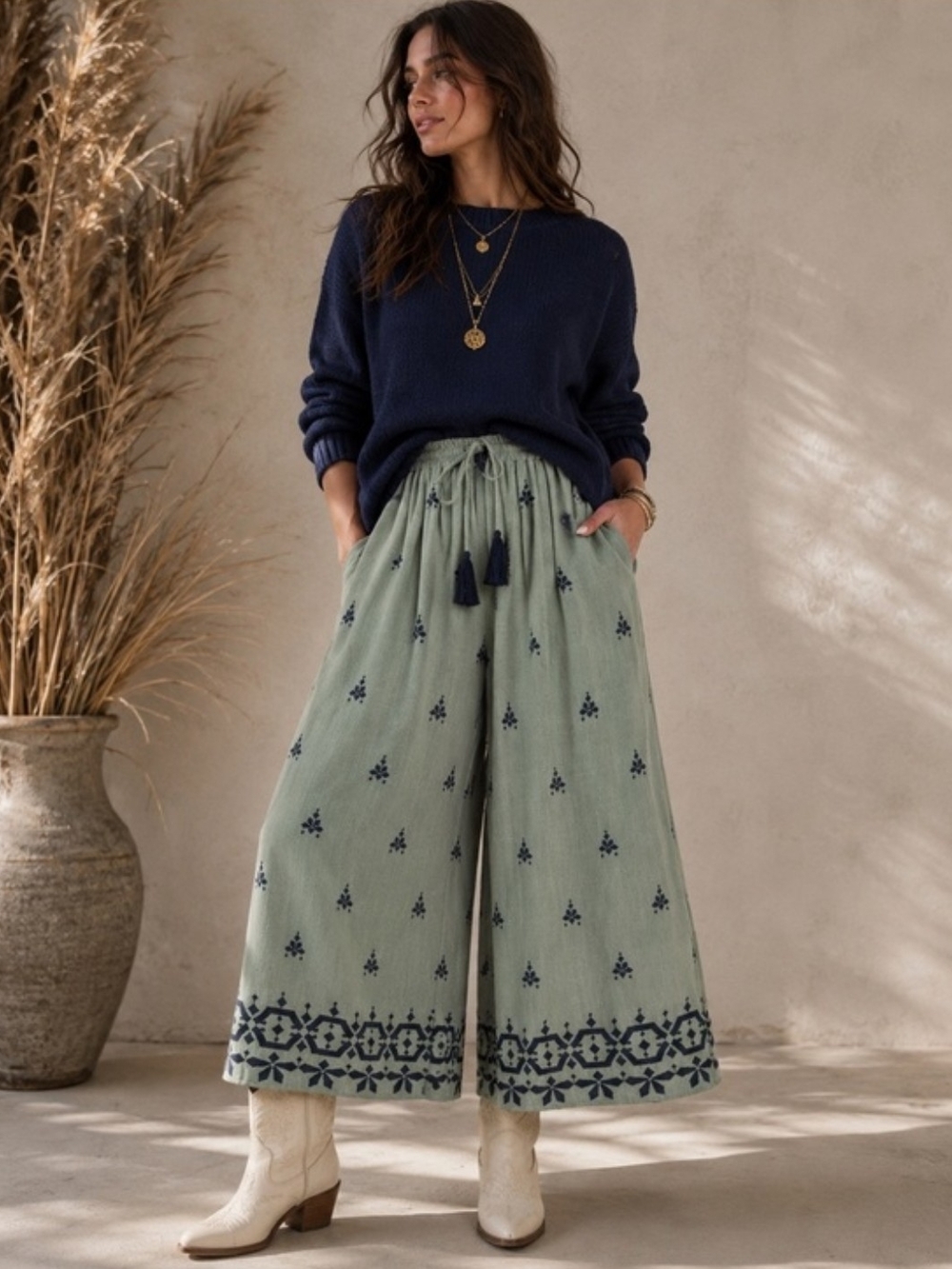 EASEL Wide-Leg-Cropped Embroidered Drawstring Tassel Pants in Sage Green/Black